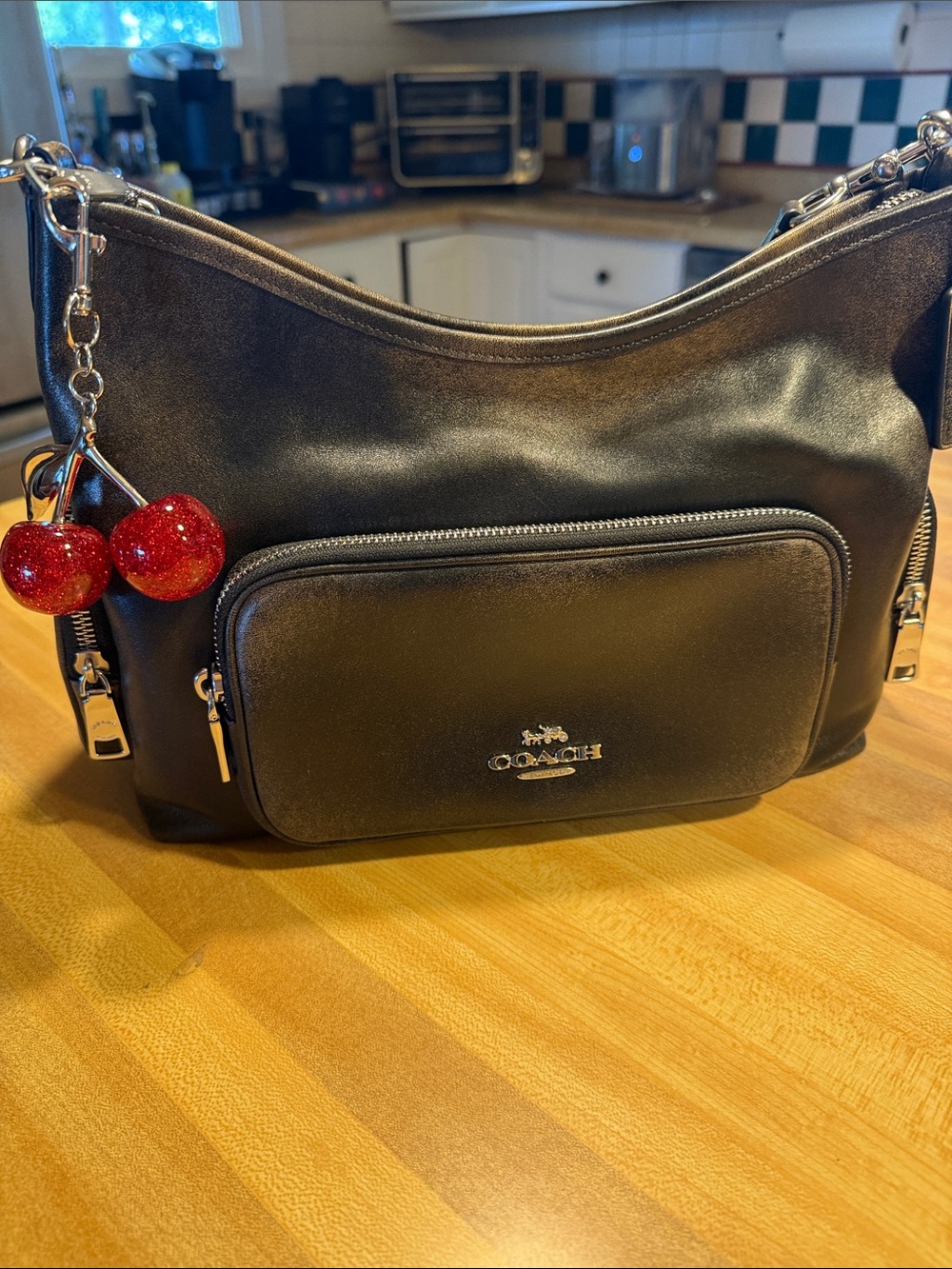 Coach loved Leather Shoulder Bag with Front Zip Pocket and Silver Hardware
